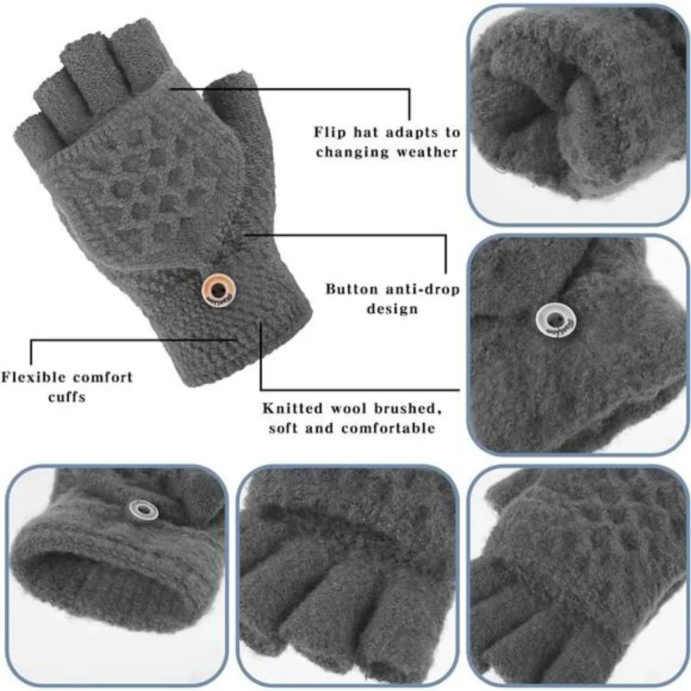 3 Pairs Women's Knitted Convertible Fingerless Gloves Winter Flap Cover